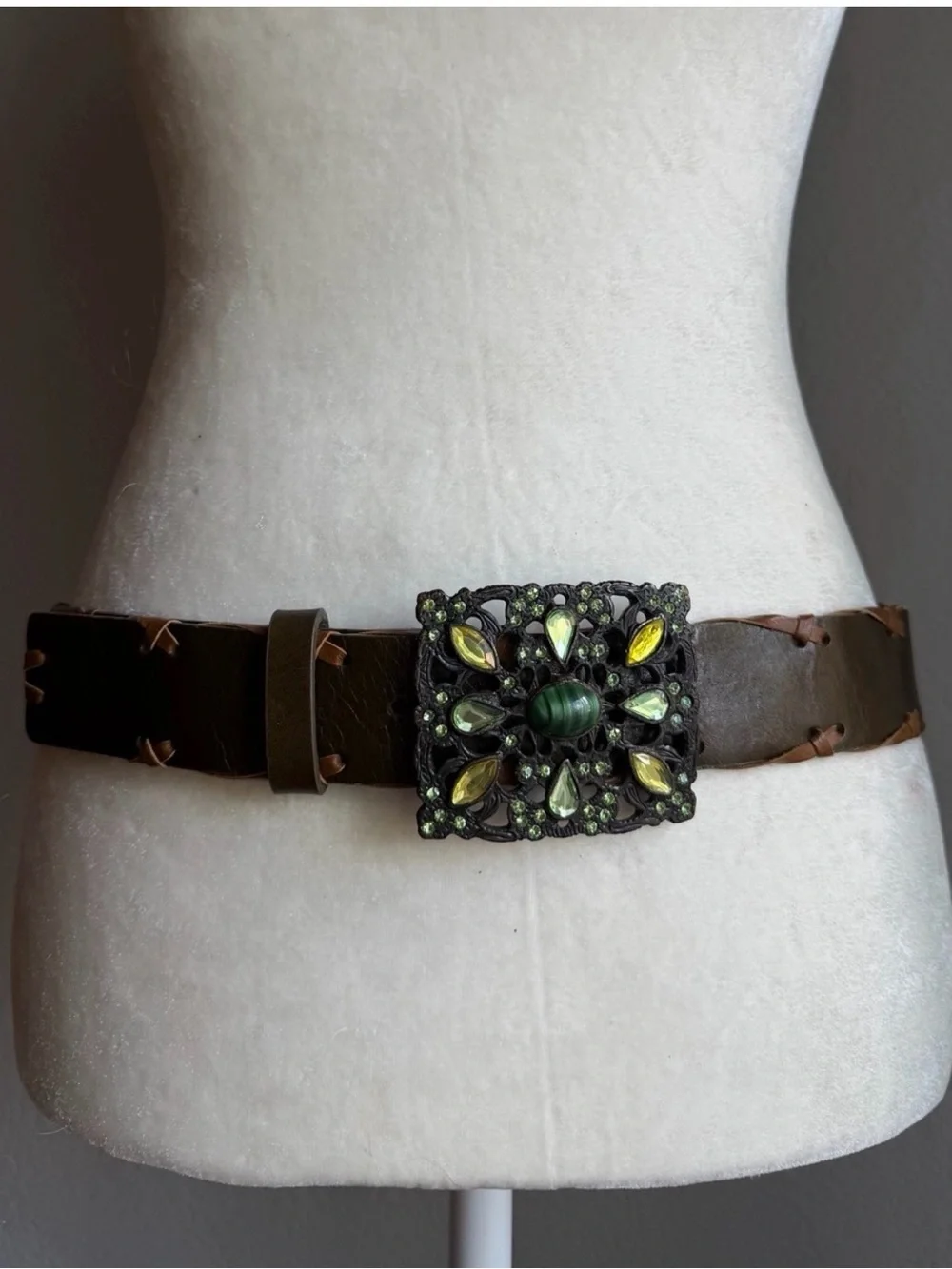 Brown Wide Boho Belt Green Jeweled Statement Buckle 33-36”